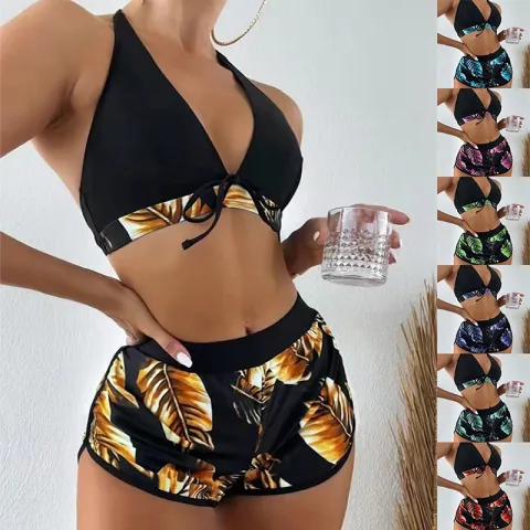 3pcs Leaf Print Bikini with Shorts Fashion Summer Beach