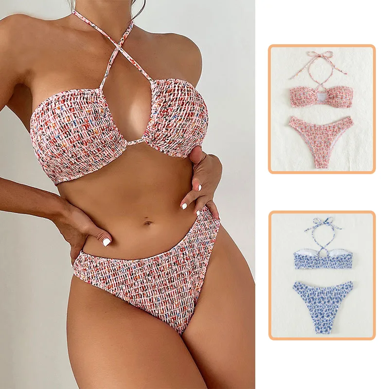Summer Flowers Print Pleated Design Bikini Set Beach Fashion