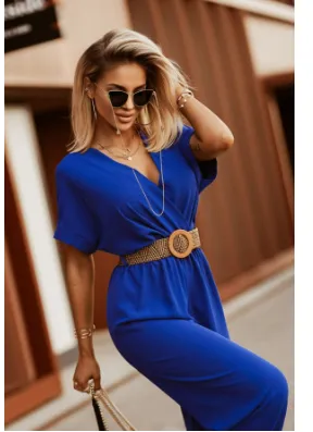 Waist tied Short sleeved Loose Cropped Wide legged Jumpsuit Blue - Shop at LoveMi