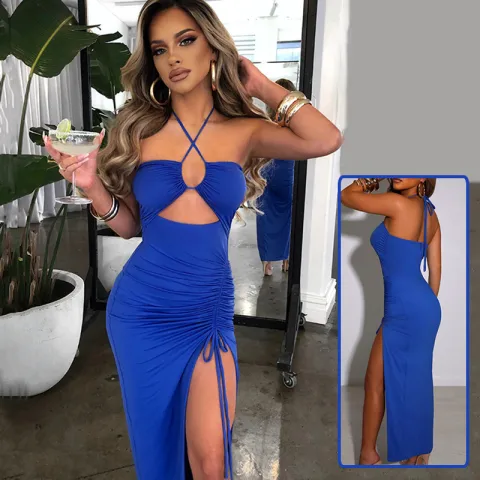 Sexy Halterneck Lace-up Split Dress Summer Y2K Fashion Party
