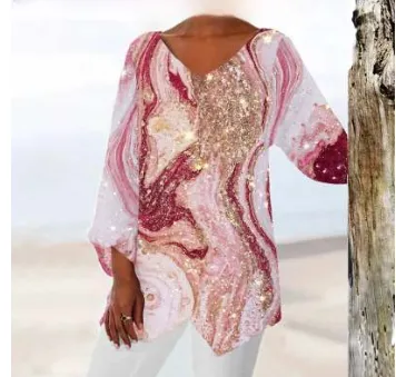 Geometric Print Long Sleeve Panel V Neck Shirt T15 - Shop at LoveMi