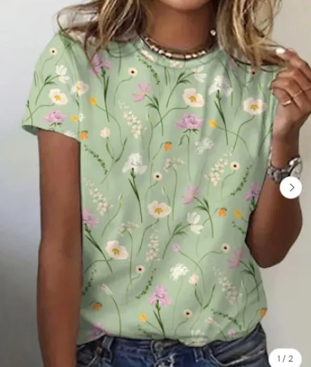 European And American Loose Round Neck Short Sleeve Floral Printed T shirt Floral - Shop at LoveMi