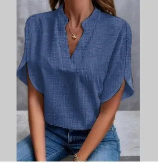 Summer Short sleeved Chiffon Shirt New V neck Shirt Women's Casual Versatile Clothing Navy Blue - Shop at LoveMi