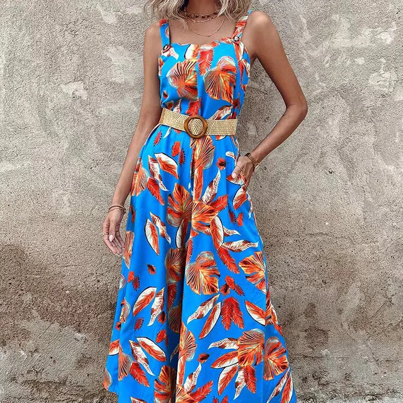Women's Printed Waist Strap Vacation Jumpsuit - S-Color