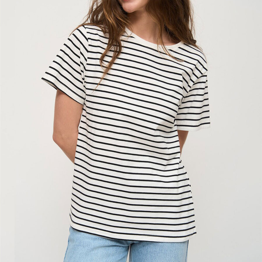 Striped T-shirt Women's Round Neck Black And White Stripes