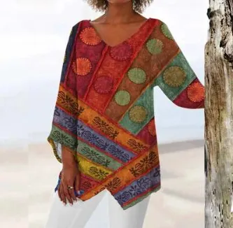 Geometric Print Long Sleeve Panel V-Neck Shirt - T14