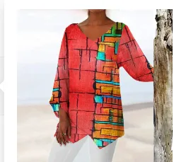 Geometric Print Long Sleeve Panel V Neck Shirt T10 Xl - Shop at LoveMi