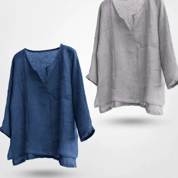 Women's And Linen Solid Color Loose Long Sleeves Shirt - Dark Blue And Gray