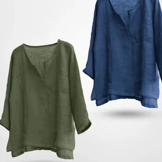 Women's And Linen Solid Color Loose Long Sleeves Shirt Army Green And Dark Blue - Shop at LoveMi