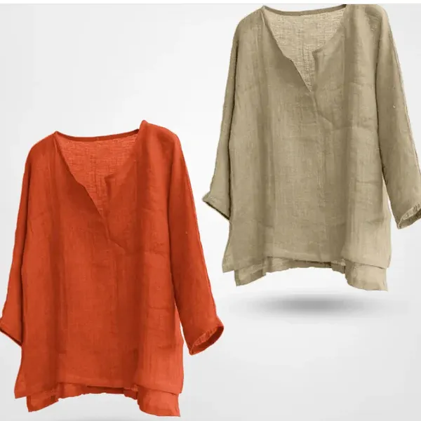 Women's And Linen Solid Color Loose Long Sleeves Shirt - Orange And Khaki