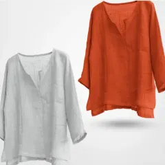 Women's And Linen Solid Colour Loose Long Sleeves Shirt - Orange - View 1