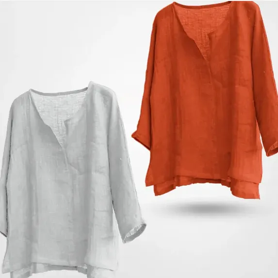 Women's And Linen Solid Color Loose Long Sleeves Shirt Orange - Shop at LoveMi