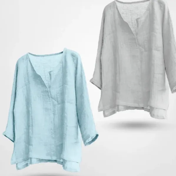 Women's And Linen Solid Color Loose Long Sleeves Shirt - Blue