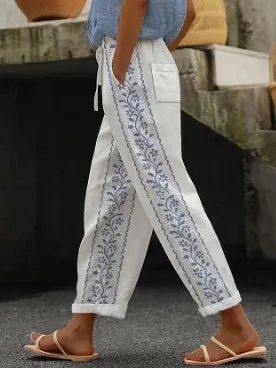 Stitching Women's Clothes Casual Pants Elegant Cotton And Linen Ol Cropped Pants - White Flower