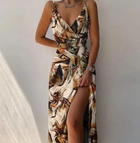 V neck Slit Sling Dress Summer Fashion Sexy Slim Suspender Dresses For Women Clothing Brown Print - Shop at LoveMi