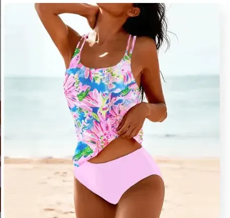 Vintage Printed Split High Waist Conservative Swimwear - Pink