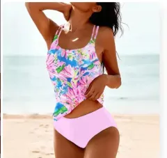 Vintage Printed Split High Waist Conservative Swimwear - Pink - View 1