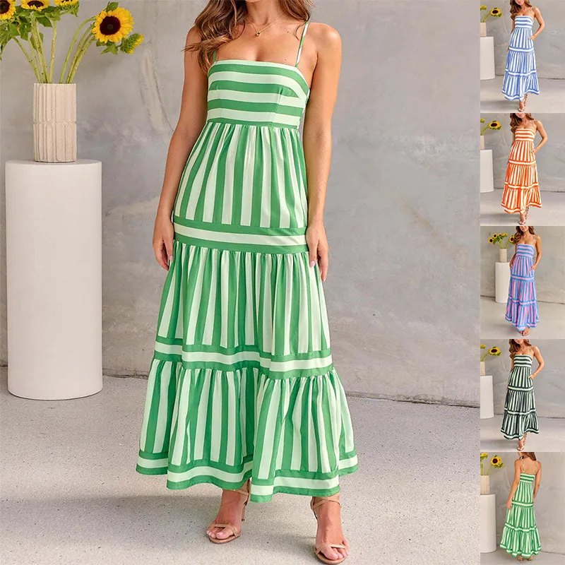 Summer Striped Printed Suspender Long Dress With Pockets Fashion Square Neck Backless Dresses For Beach Vacation Women Clothing