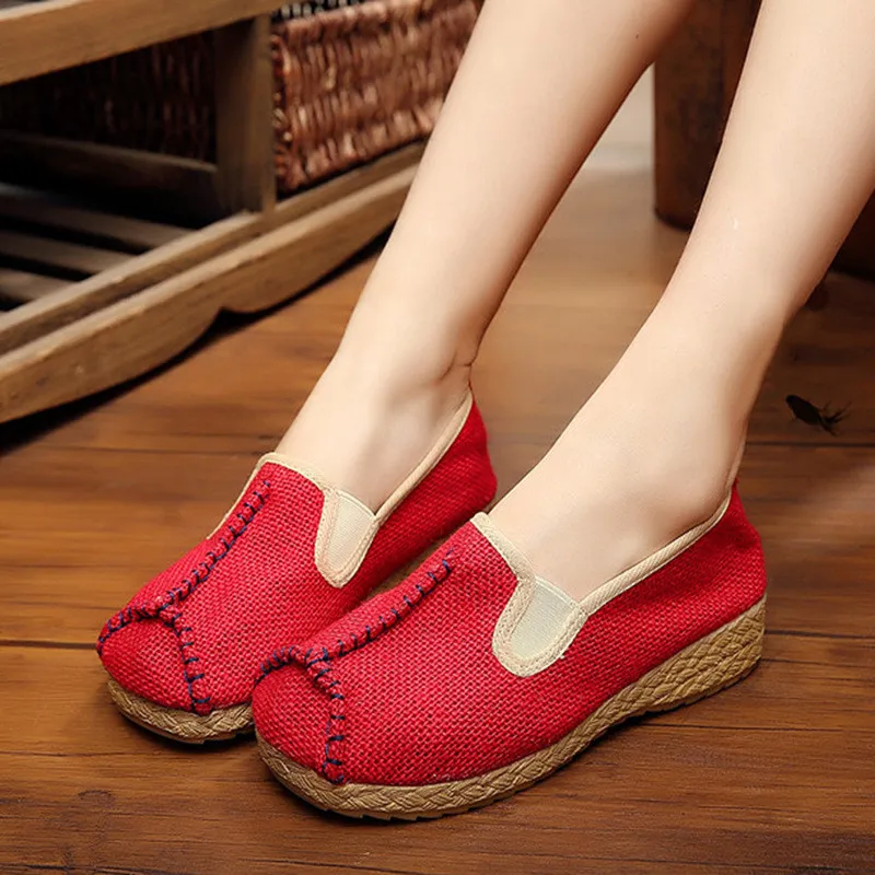 Ethnic Style Straw Sandals Cotton Linen Linen Rattan Straw TPR-sole Shoe - Red