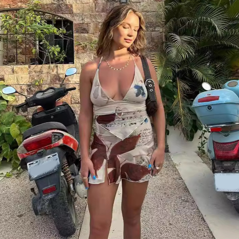 Костюм с принтом, 2 шт., летний сексуальный топ с v-образным вырезом на бретельках и плиссированная короткая юбка, женский комплект одежды