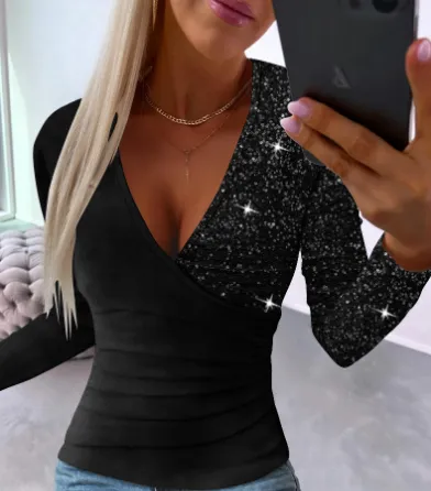 New Sunken Stripe Button Knitted Pullover V neck Slim fit Long sleeved T shirt For Women Ods4431Z Black - Shop at LoveMi
