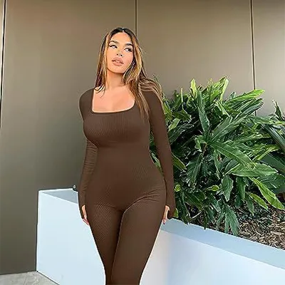 Women's Yoga Sports Fitness Jumpsuit Workout Long Sleeve Square