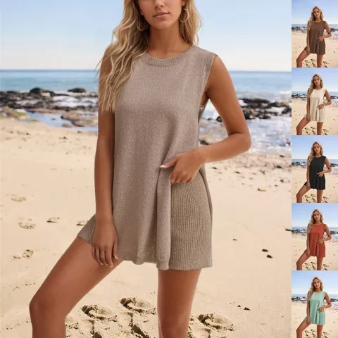 2pcs Women's Knitting Suit Summer Loose Round Neck Split