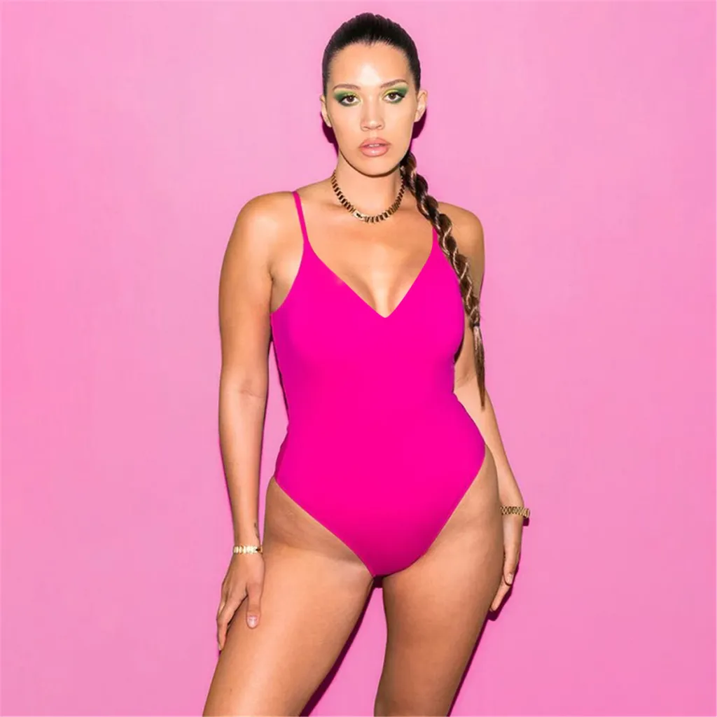 Body Shaping Backless Waist Trimming Tether Triangle One-piece Swimsuit Bikini Women - Magenta-S