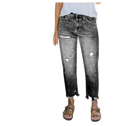 European And American Holes Light Blue Casual Nine piece Straight Jeans Women Black - Shop at LoveMi