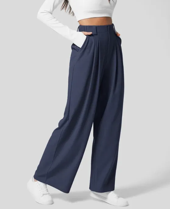 High Waist Straight Loose-fit Tappered Trousers Casual Simple - Navy