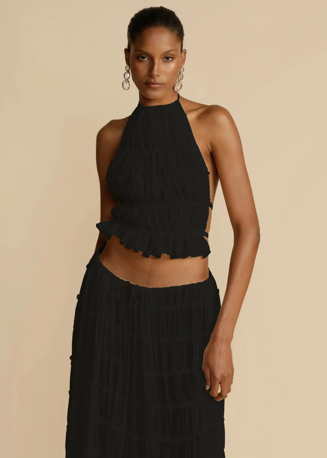 2pcs Women's Dress Suit Sexy Sleeveless Backless Cropped Halter Top and Pleated