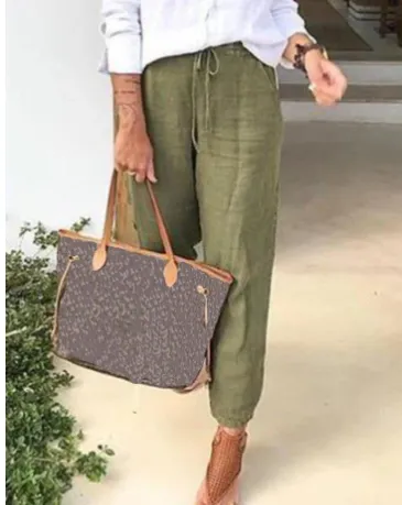 Cotton And Linen Women's High Waist Elastic Waist Solid Color Cotton And Linen Casual Pants Army Green - Shop at LoveMi