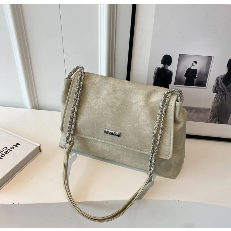 Texture Chain Shoulder Bag Crossbody Commuter Tote - Beige