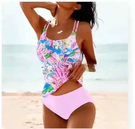 Retro Split High Waist Bikini Beach Print Strap Swimsuit Pink - Shop at LoveMi