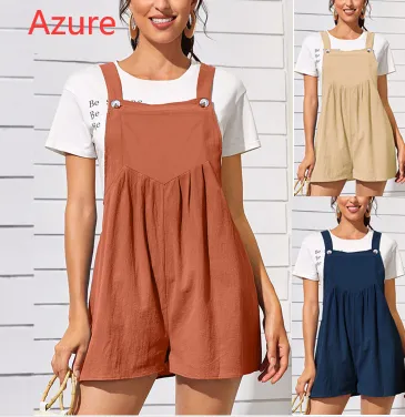 Summer Women's Cotton Linen Sleeveless Jumpsuit - 2Xl-Azure