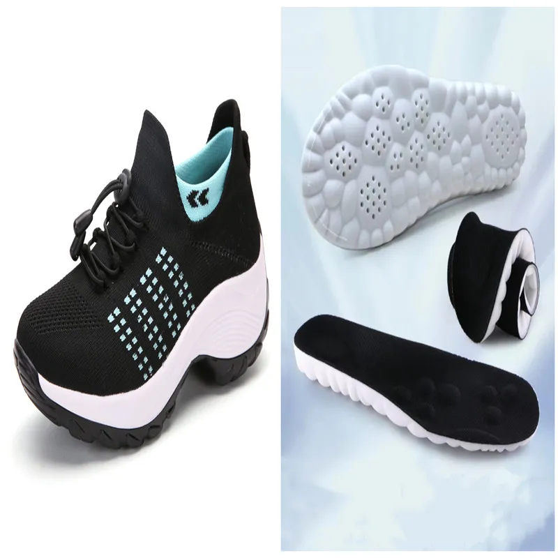 Large Size Women's Shoes High Elastic Flying Woven Breathable Sports Women's Socks Shoes - Black