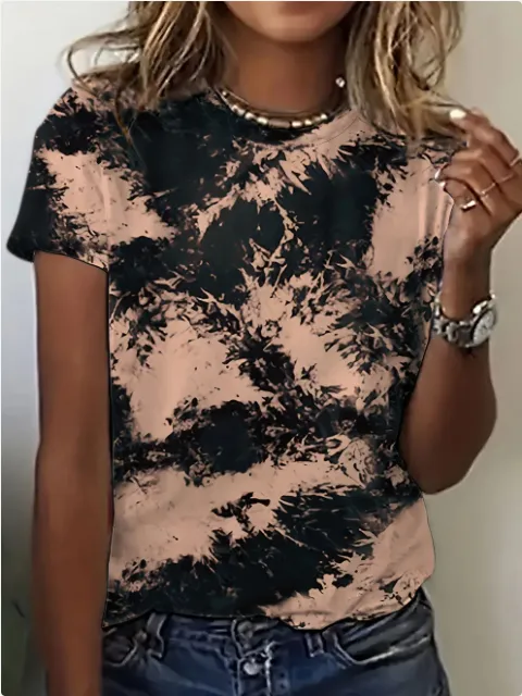 Round Neck Women's Cotton like Short sleeved Tie dye T shirt Brown - Shop at LoveMi