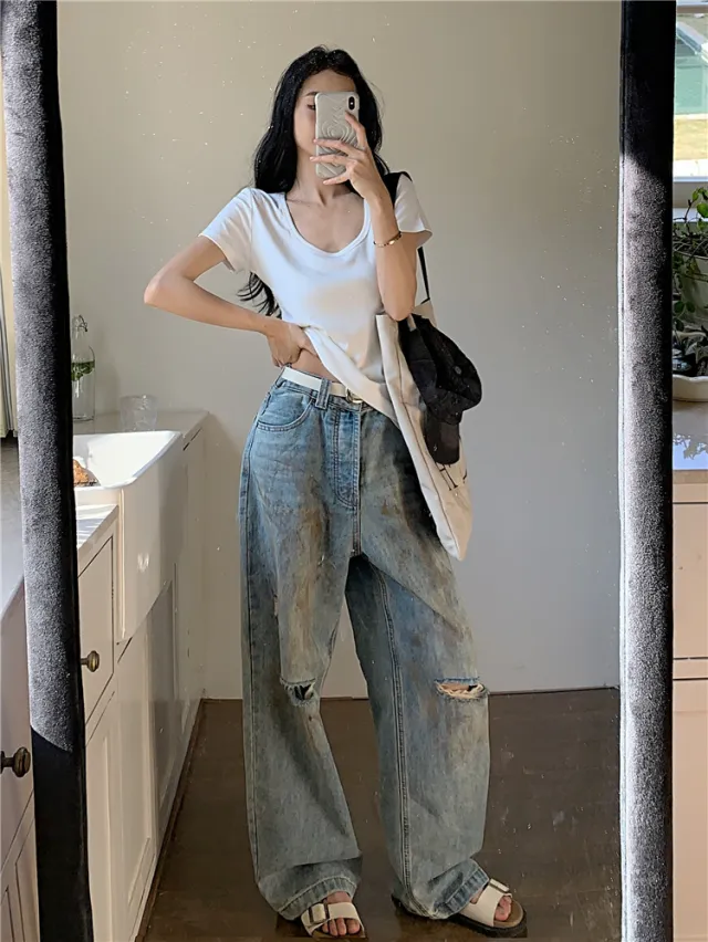 Women's High Waist Straight Ripped Jeans Blue - Shop at LoveMi