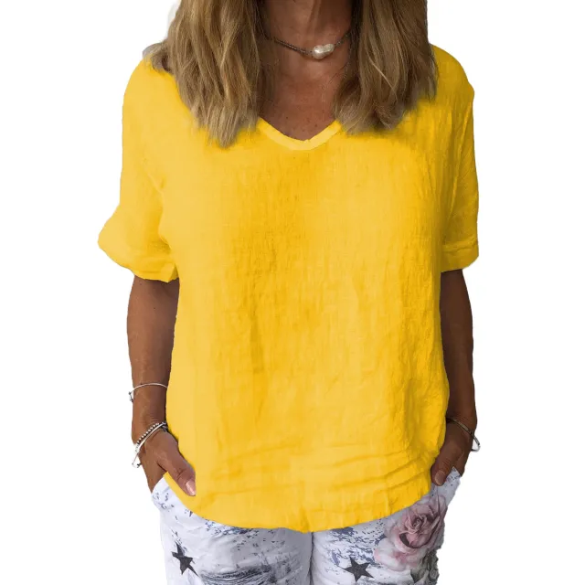 European And American Short sleeved Cotton And Linen Loose Solid Color Casual Top Yellow - Shop at LoveMi