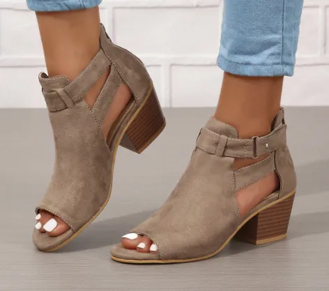 Thick-heeled High-heeled Roman Fish Mouth Hollowed Large Size 43 Buckle Sandals - Grey