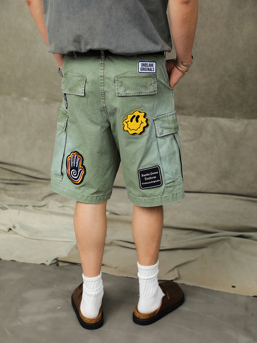 Vintage Worn Looking Washed-out Embroidered Cargo Shorts