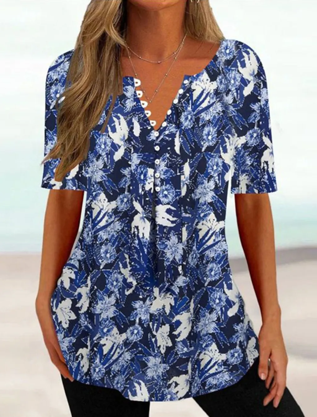 Summer Women's Button Geometric Print Casual Top - 7Style