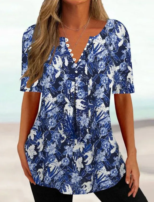 Summer Women's Button Geometric Print Casual Top 7Style - Shop at LoveMi