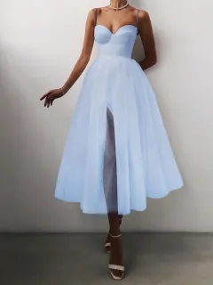 Pure Color Mesh French Retro Dress European And American Tube Top Suspender Skirt - Blue - View 1