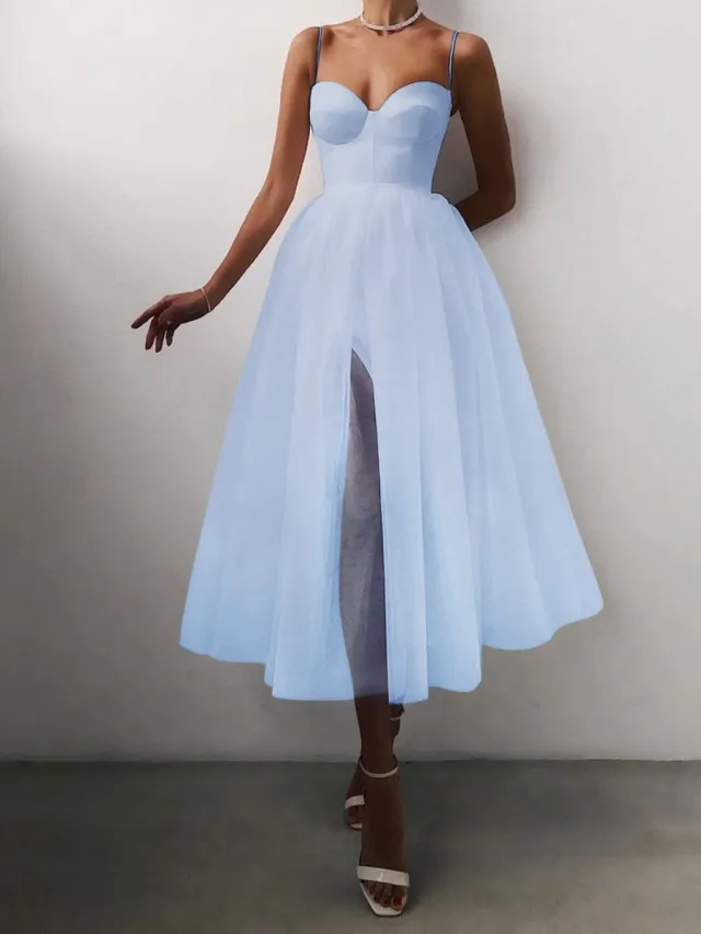Pure Color Mesh French Retro Dress European And American Tube Top Suspender Skirt Blue - Shop at LoveMi