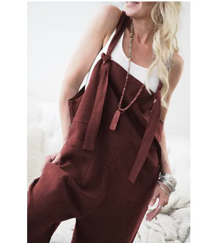 Casual Straight-leg Trousers With Solid Color Straps And Pockets - Wine Red A