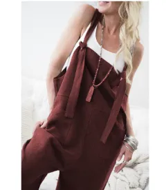 Casual Straight-leg Trousers With Solid Colour Straps And Pockets - Wine Red A - View 1