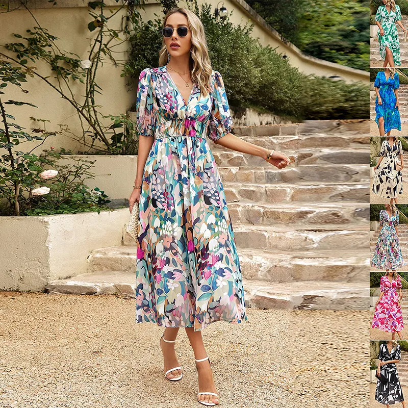 New V-neck Printed Short-sleeved Long Dress Summer Fashion Slim