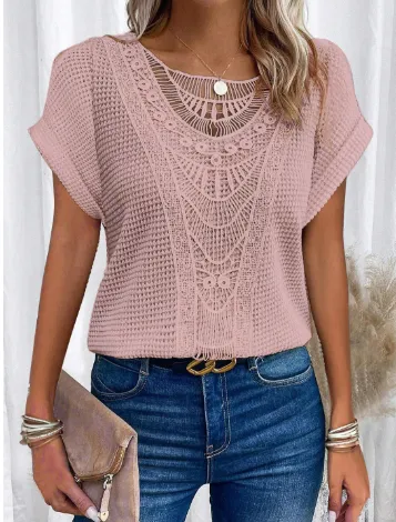 Summer Hollow Out Short-sleeved T-shirt Fashion Ethnic Style Tops Women's Clothing - Pink