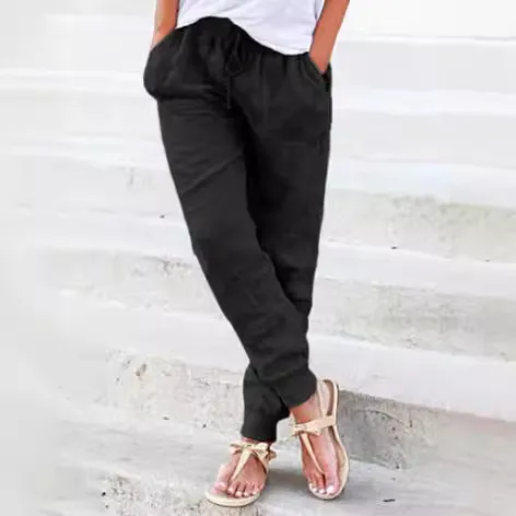 Loose Solid Color Cotton And Linen Ladies Casual Pants Black - Shop at LoveMi